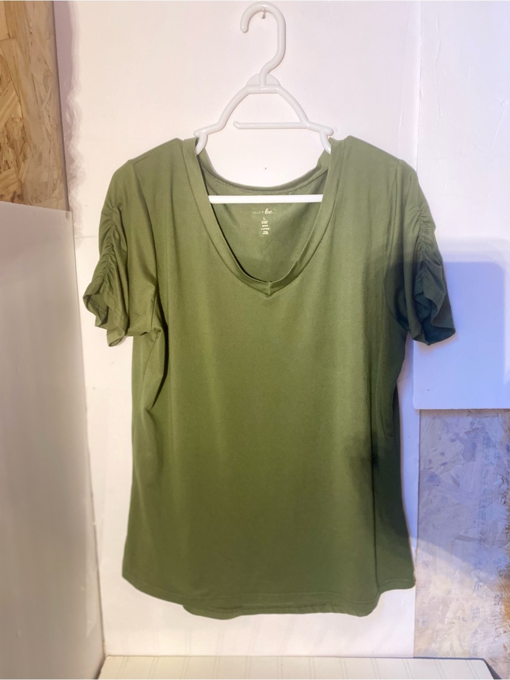 just be Olive Green V-Neck Short Sleeve Top with Ruched Sleeves